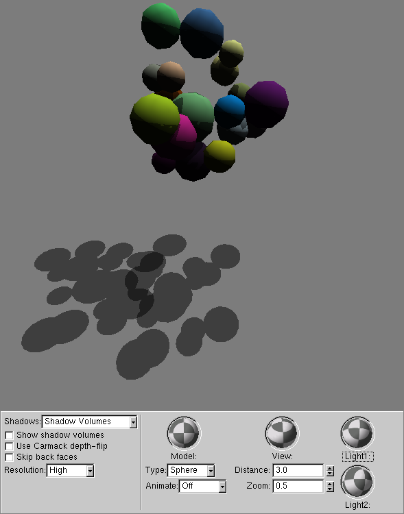 Two light sources, shadow volumes